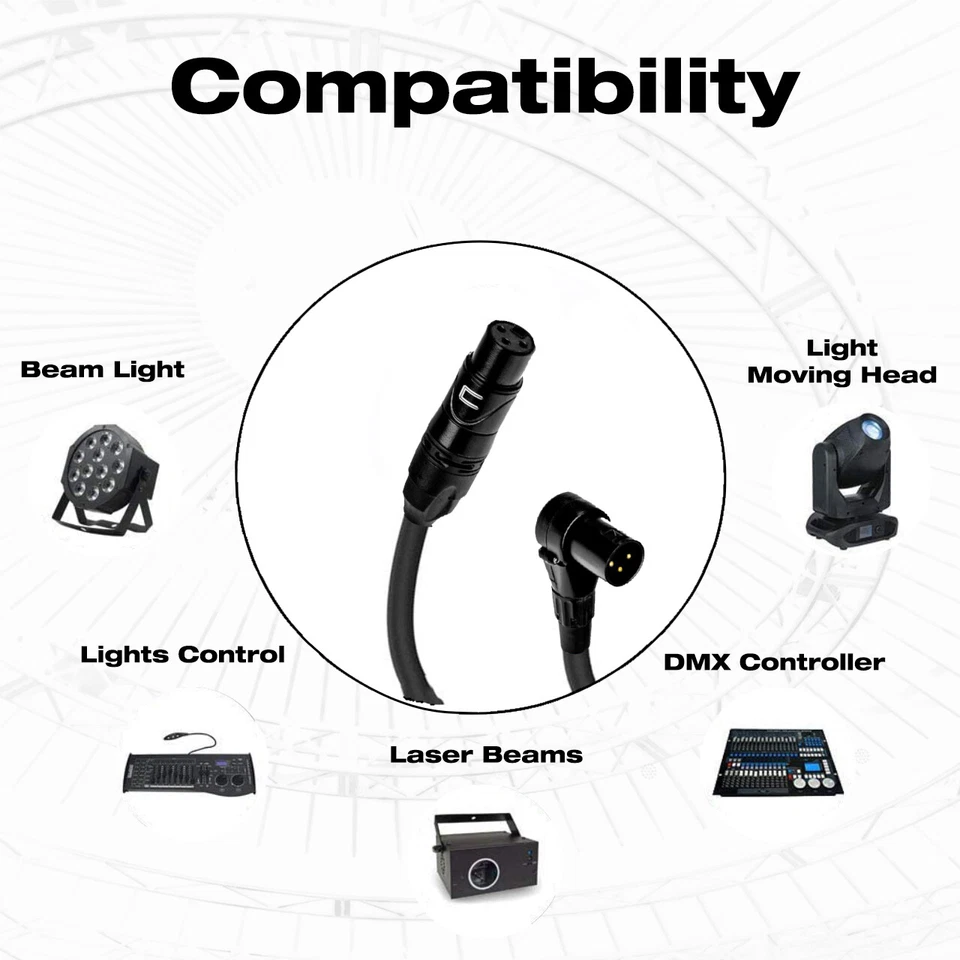 DMX Patch Cable 3-Pin XLR Right Angle Male to Female - 120 ohm DMX512 Data Cord - Image 3 of 4
