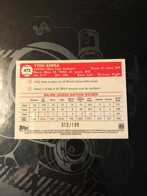 2021 Topps Chrome Platinum Anniversary - #473 Yogi Berra /199 Blue Diamonds mint - Image 2 of 2