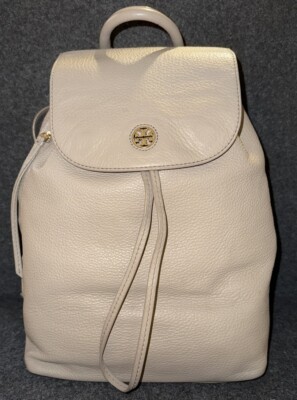 Tory Burch Brody Large Pebbled Light Grey Leather Drawstring Backpack