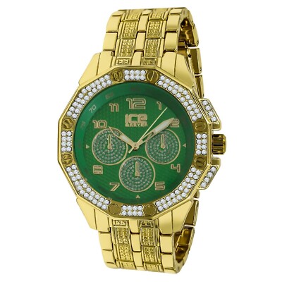 Luxury White Cz On Yellow Gold Tone Finish w/ Green Face ''Granduer'' Custom Watch