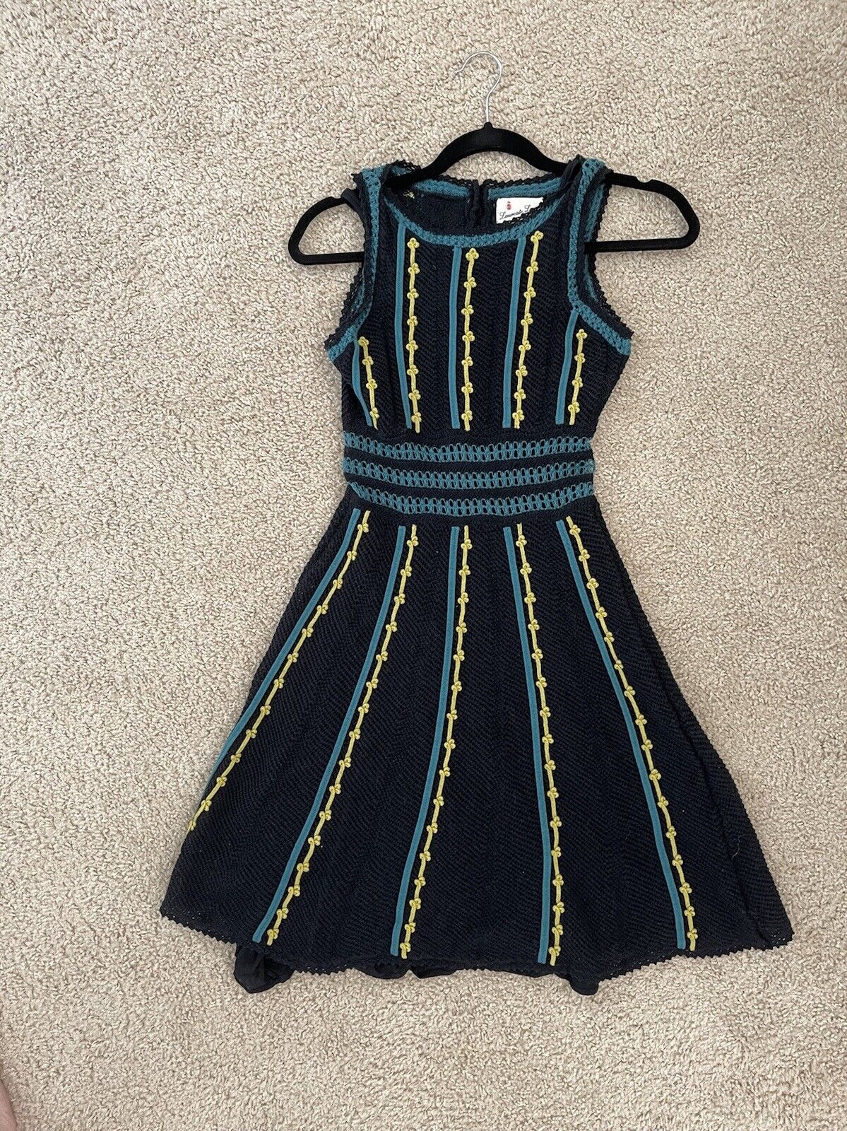 Vintage Crochet Dress Black Yellow Teal Sz S EUC … - image 3