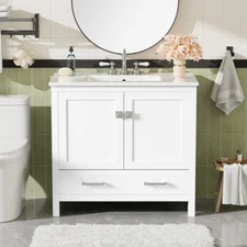 36" Bathroom Vanity w/Sink, Freestanding Vanity Cabinet, Drawer, 2 Doors Shelves