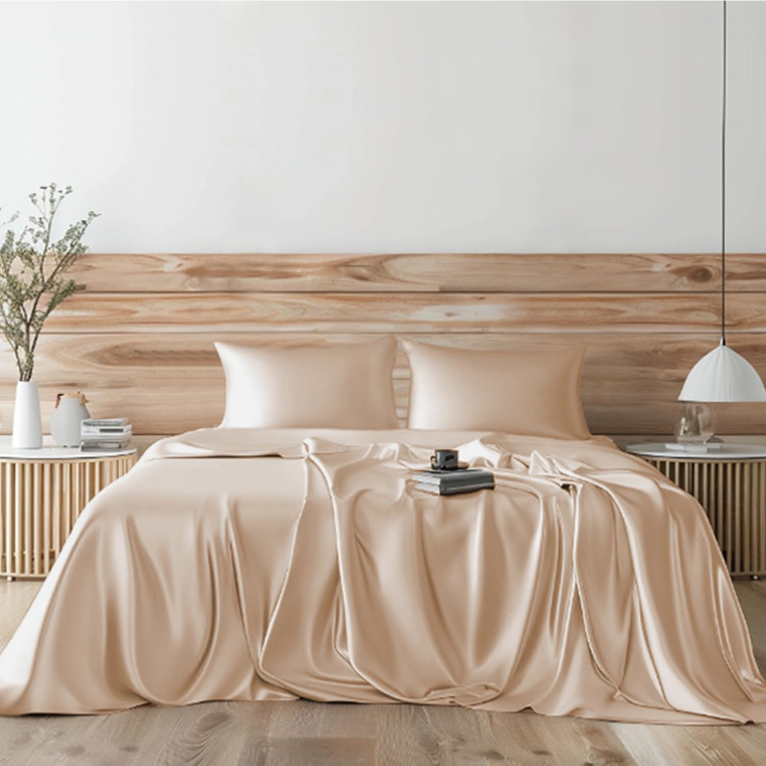 Candoury Queen Satin Sheets Set 4 Pcs, Soft Luxury Pillowcase Flat Fitted Sheet