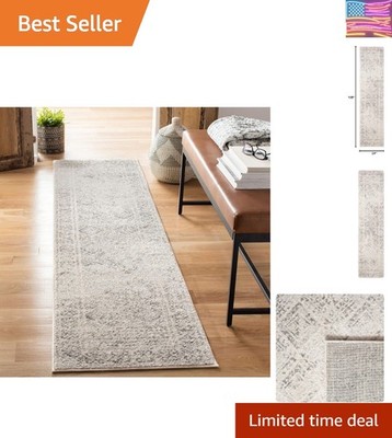 Tulum Collection Runner Rug - 2' x 9', Ivory & Grey, Moroccan Boho Distressed...