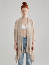 Free People Light Cream Striped Semi-Sheer Swim Cover-Up Kimono Duster Boho OS