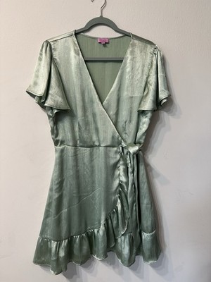 mi ami for francesca's Satin Wrap Dress Light Green Ruffle Short Sleeve XL