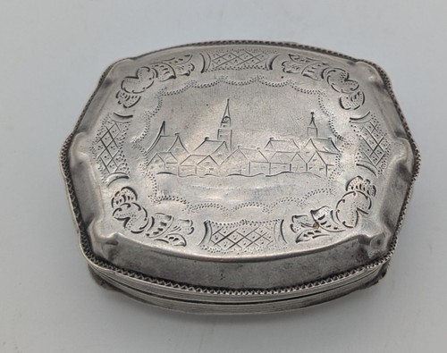 Antique 18thC European Solid Silver Snuff Box 2.5” – Engraved Townscape