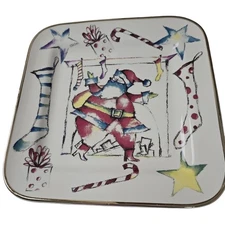Rosanna Santa Magic Italy Square Christmas Plate Christmas Vintage Gold Rim