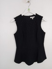M&S Womens Embellished Fitted Peplum Top Sleeveless Round Neck Black NEW