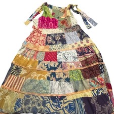 Bohera Patchwork Tiered Midi Dress Womens Large Multicolor Boho Tie Shoulder L