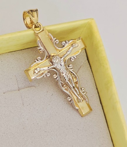 14k Solid Two Tone Gold Crucifix Cross Pendant, Religious Cross necklace