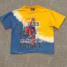 Vintage 2004 SpiderMan 2 Urban Icon Tie Dye Shirt Kids Medium Yellow Blue Freeze