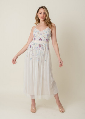 Adrianna Papell Ivory Multi Floral Beaded Sequin Tulle V-Neck Midi A-Line Sz 6