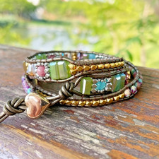 Natural Jasper Leather Wrap Bracelet 3 Strands   Handmade Stone Beads for Peace