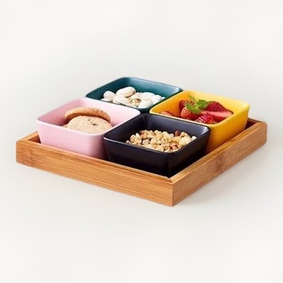 4 bunte Keramik Snack Servierschalen & Gabeln in Bambus Tablett geometrisch nordisch