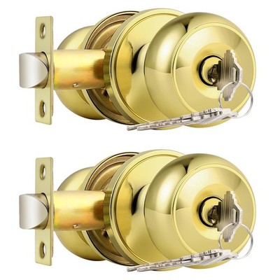 Probrico Polished Brass Entry Door Knob with Lock and Key 2 Pack Not Keyed Alike