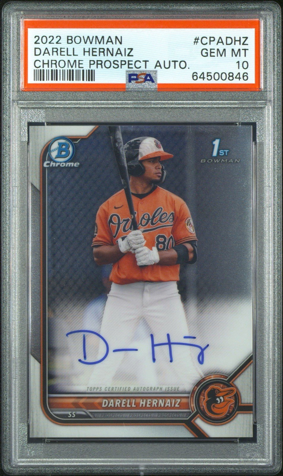 2022 Bowman Darell Hernaiz Chrome 1st Prospect Auto #CPA-DHZ PSA 10 Athletics