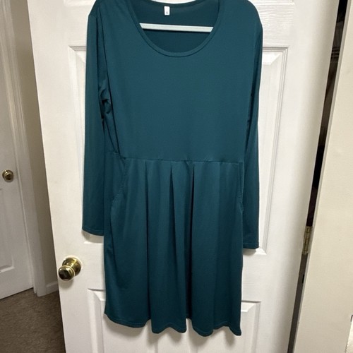Teal Solid Fit & Flare Scoop Neck Long Sleeve Stretch Knit Dress XL