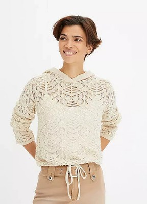 Freemans Pointelle Knit Hoodie in Sand   UK 14/16     (FS107-7)