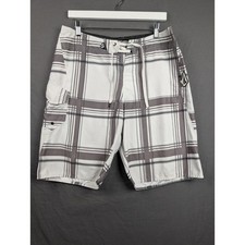Volcom Mens White Gray Plaid Board Shorts Swim Trunks Size 32