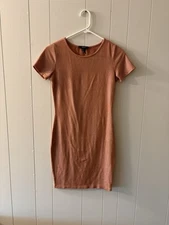 Forever 21 Small Dress Pencil Dress Orange White Stripes Short Sleeve Bodycon F4