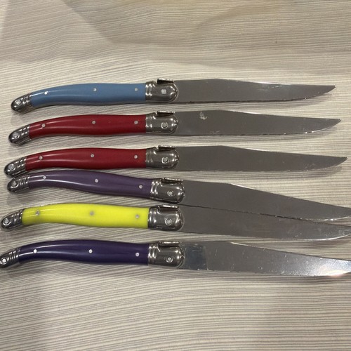 6 Laguiole Steak Knives Colored Handles Inox France Red Blue Purple Neon