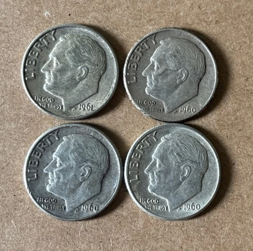 (1-b) Lot of 4 Roosevelt Silver Dimes US 10C - 1960-D, 1960-D, 1960-D, 1961-D