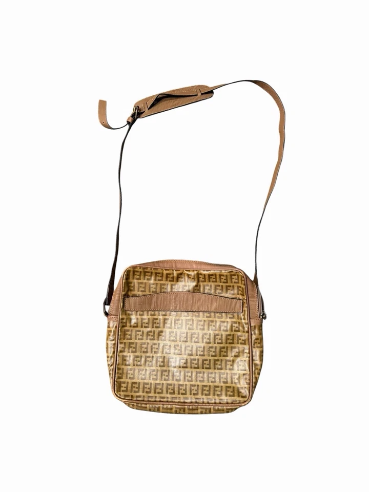 Bolso de Hombro FENDI Logo Patrón Zucca Recubrimiento Lona Cuero Marrón Foto 3 de 4