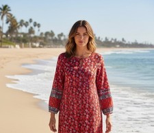 LOFT Dress Womens M Red Floral Shift Long Sleeve Boho Border Print Knee