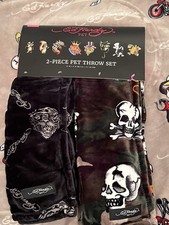 Ed Hardy 2pc Pet Throw Blanket Set Black Tiger Camo Skull Bones 27 x 44 NWT