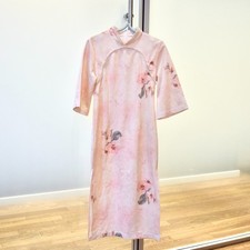 Pink Flora Printed Qipao Faux Suedue Midi Dress - Chinese Traditional Cheongsam