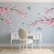 Pink Watercolor Cherry Blossom Wall Stickers - Tree Branch Flower Birds Wall Dec