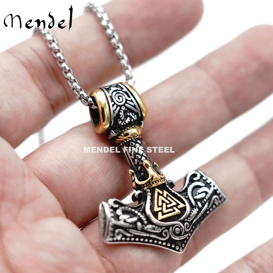 Collar colgante MENDEL para hombre chapado en oro vikingo Thors martillo valknut Mjolnir para hombre Foto 4 de 4