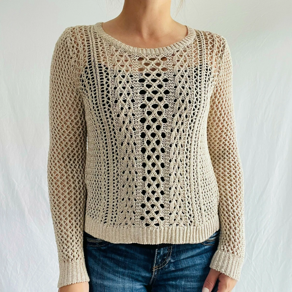 Madewell Summer Stitch Pullover Sweater Crochet Beige Scoop Neck Cotton Size XS