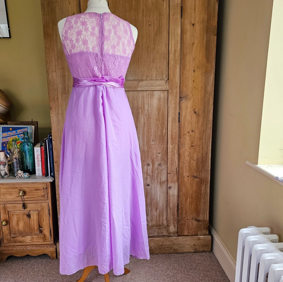 Vintage 1970s Lilac Lace Maxi Dress Holiday Evening Party Prom New Year
