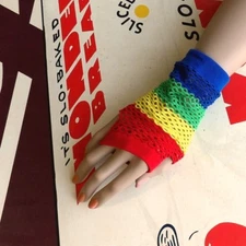80s Rainbow Stripes Diamond Net / Fishnet Fingerless Gloves / Arm Warmer