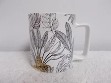 Monoprix White & Black Leaves Gold Leopards Ceramic Coffee Tea Cup Mug