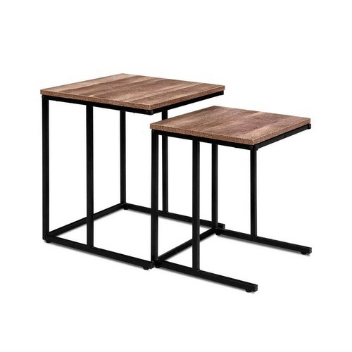 2 Piece Set Coffee Table Wooden Space-Saving Nesting Side End Tables Metal Frame - Picture 2 of 7