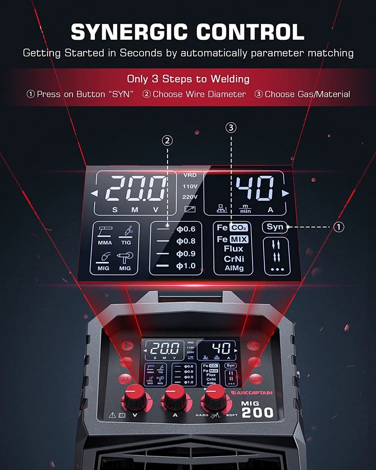 ARCCAPTAIN MIG Welder, 200Amp 6in1 Gas MIG/Gasless Flux Core MIG/Stick/Lift TIG - Image 3 of 4