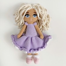 CROCHET DOLL IN PURPLE DRESS. HANDMADE DOLL. AMIGURUMI DOLL. SOFT TOY.