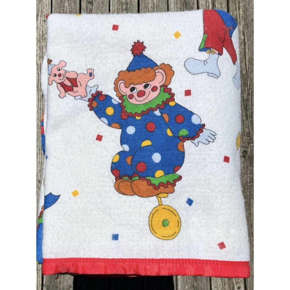 Vintage Clowns Colorful Red Satin Trim Acrylic Blend Twin Blanket