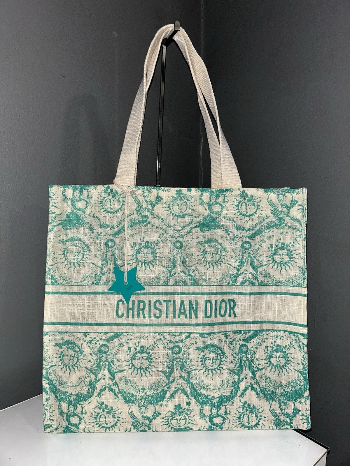 Sac fourre tout Christian Dior Dioriviera tissu aigue marine en lin