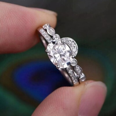 Moissanite Bridal Set Engagement Ring Solid 14K white Gold 2.50 Carat Oval Cut