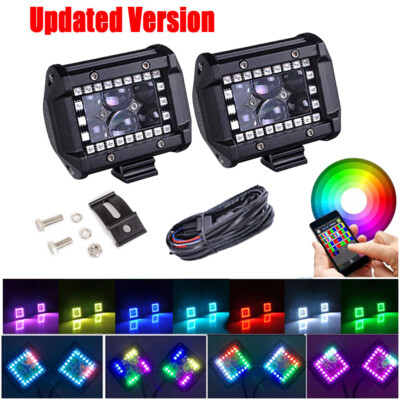 2x 4'' inch LED Work Light Pods Bluetooth RGB Halo Chasing Music Flash & Wiring