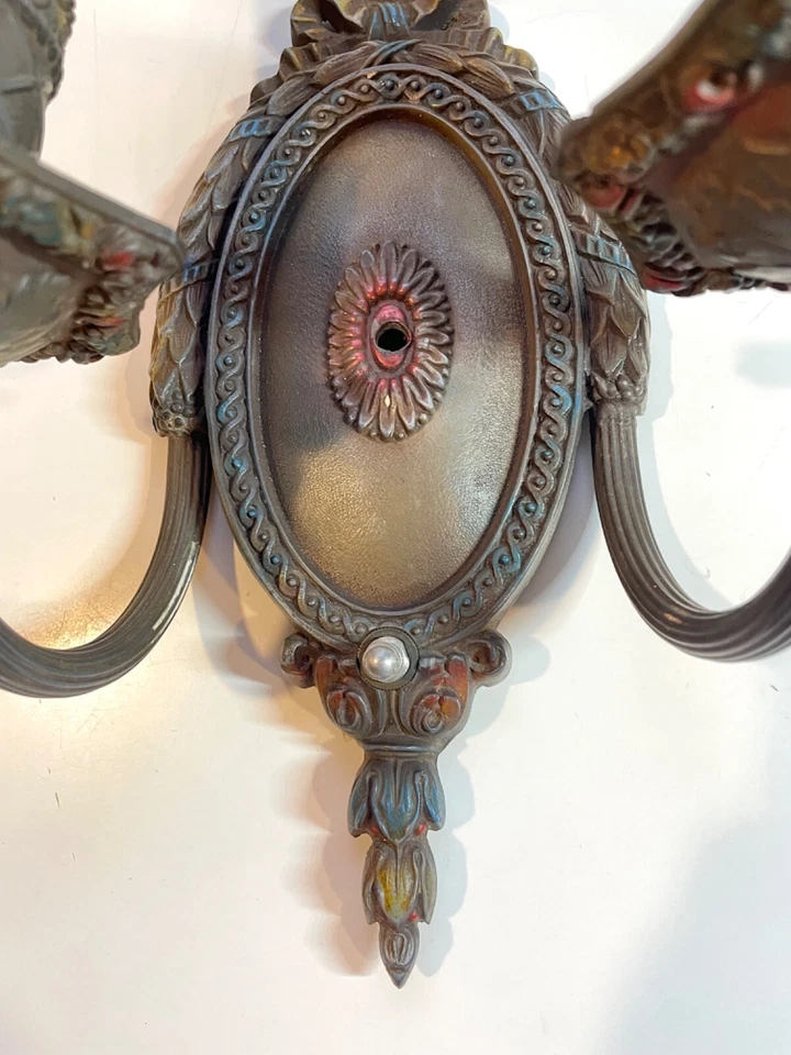 Aplique de pared antiguo doble vela Art Deco pintado metal texturizado con interruptor Foto 2 de 4