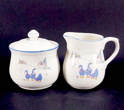 Sango Harmony Creamer and Sugar Set Country Blue Goose Farm Retro 90s Kitchen