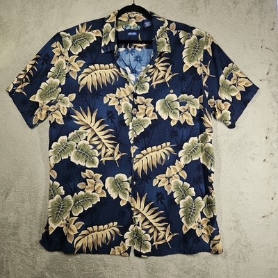 Campia Moda Tan Sage Hawaiian Leaf Print Over Rich Blue w Palm Trees Shirt 2XLT