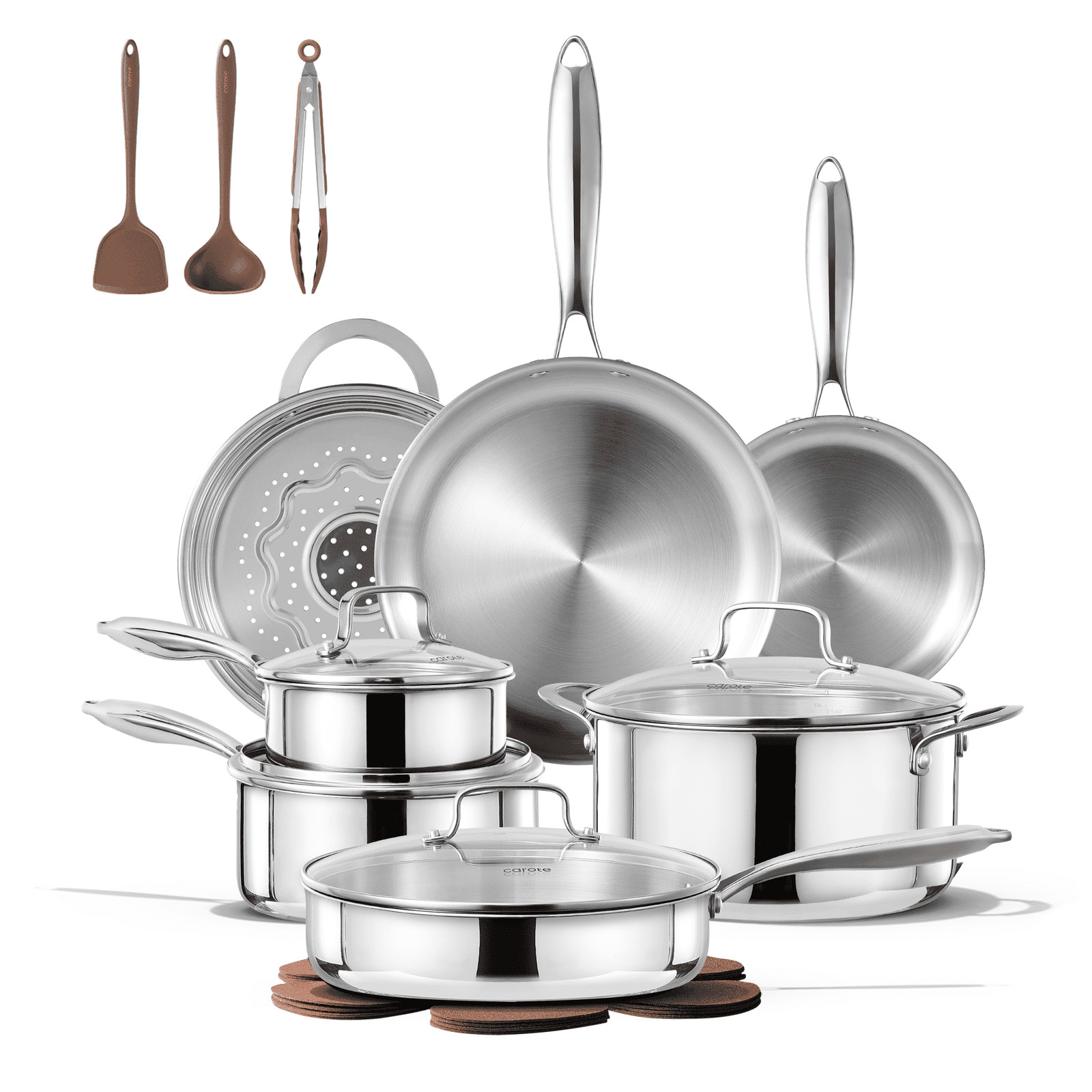 Carote 19-Piece Tri-Ply Stainless Steel Cookware Set, Induction Compatible, Oven
