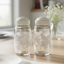 Vintage Embossed Etched Glass Salt and Pepper Shaker Clear Glass Very Pretty