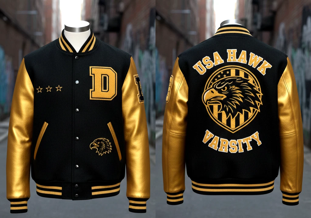 New Custom Black Wool & Gold Leather Sleeve Varsity Jacket - 'D' Front, USA HAWK